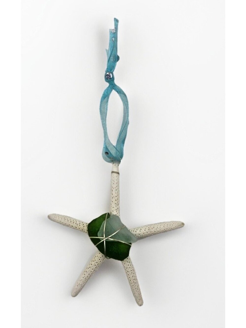 Sea Glass Starfish Shell Ornament 4in Coastal Beach Decor Hanging Cottage Boho
